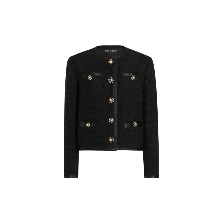 Veste courte DOLCE & GABBANA tweed bouclé laine vierge soie noir boutons bijoux