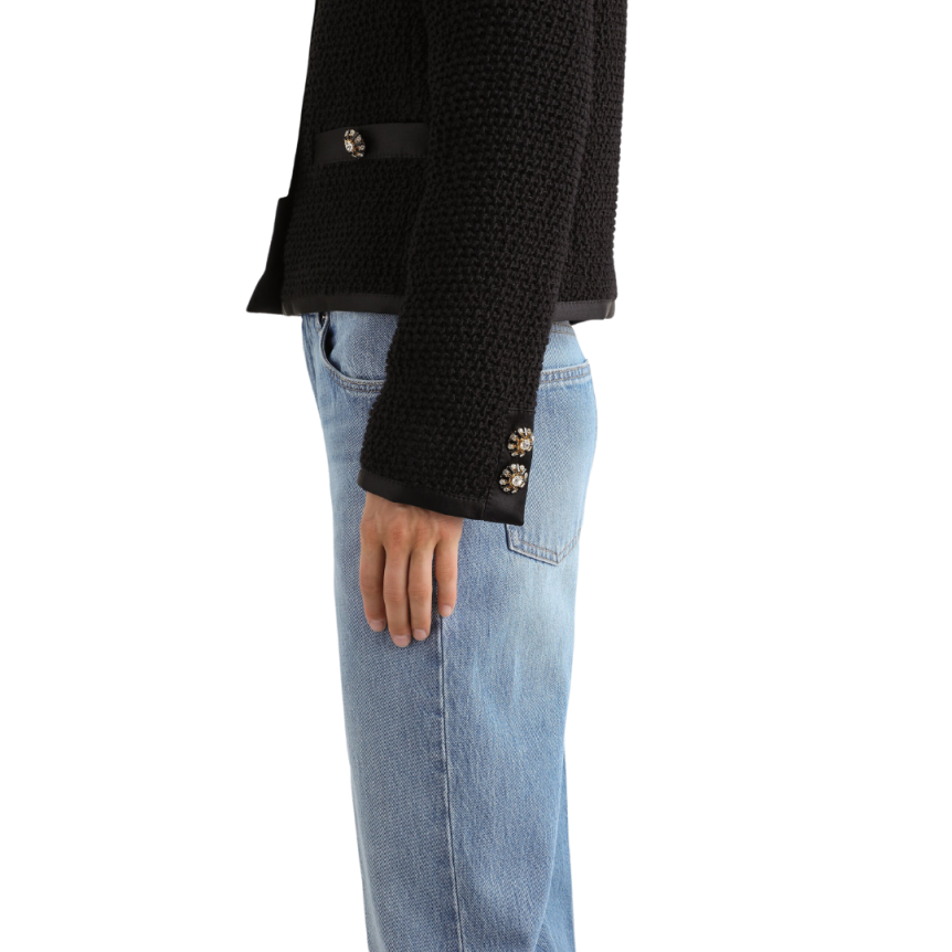 Veste courte DOLCE & GABBANA tweed bouclé laine vierge soie noir boutons bijoux