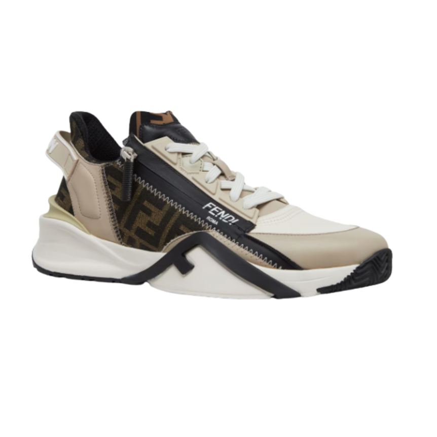 Baskets basses à enfiler FENDI Flow cuir beige jacquard FF marron