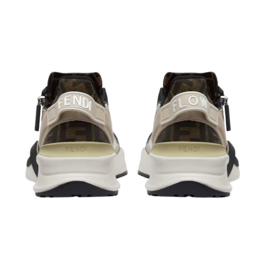 Baskets basses à enfiler FENDI Flow cuir beige jacquard FF marron