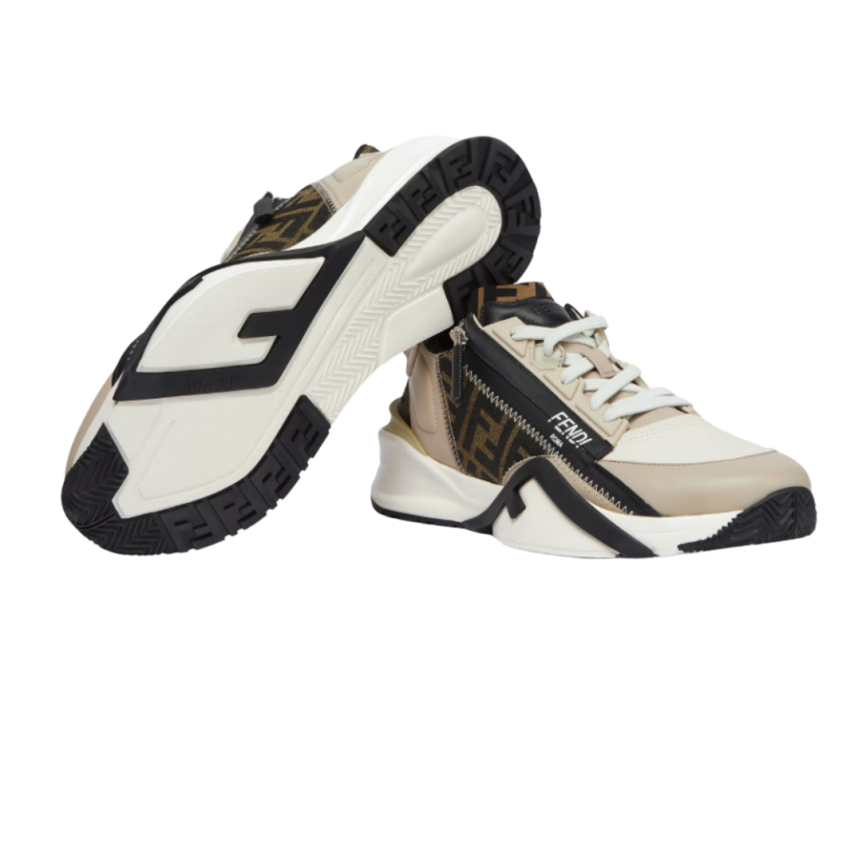 Baskets basses à enfiler FENDI Flow cuir beige jacquard FF marron