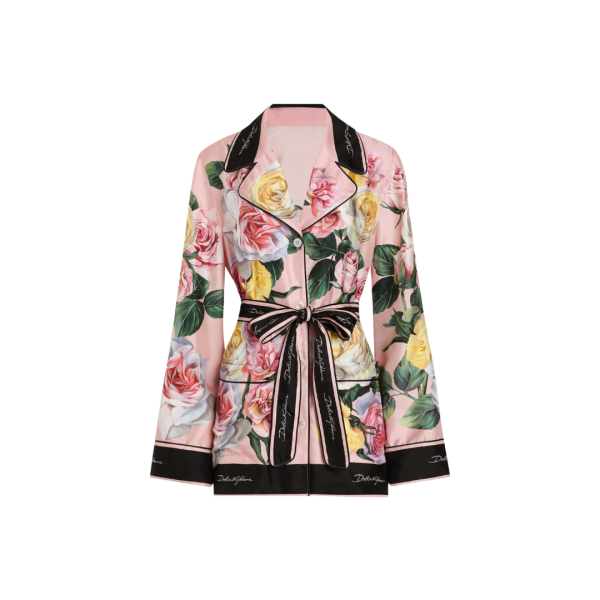 Chemise de pyjama DOLCE & GABBANA soie twill rose imprimé floral ceinture bord noir
