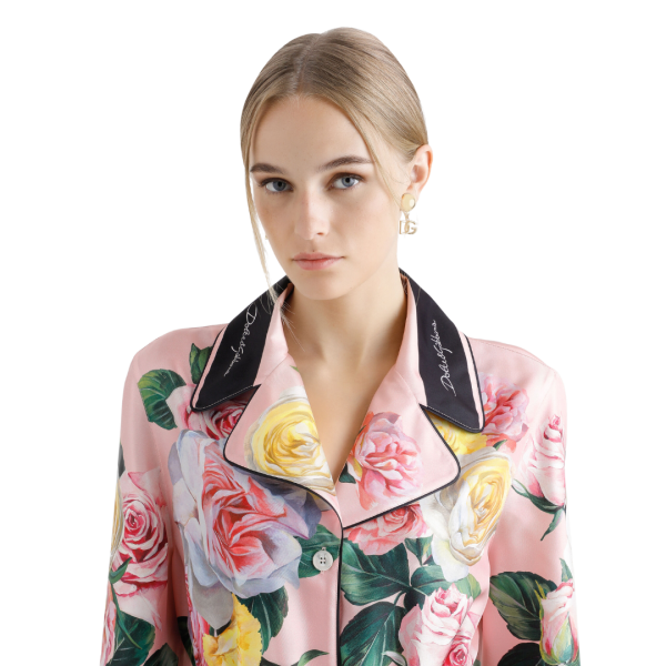 Chemise de pyjama DOLCE & GABBANA soie twill rose imprimé floral ceinture bord noir