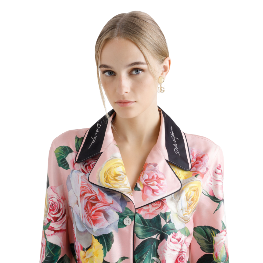 Chemise de pyjama DOLCE & GABBANA soie twill rose imprimé floral ceinture bord noir