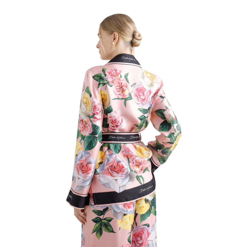 Chemise de pyjama DOLCE & GABBANA soie twill rose imprimé floral ceinture bord noir