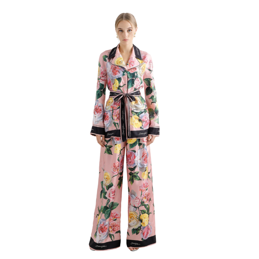 Chemise de pyjama DOLCE & GABBANA soie twill rose imprimé floral ceinture bord noir
