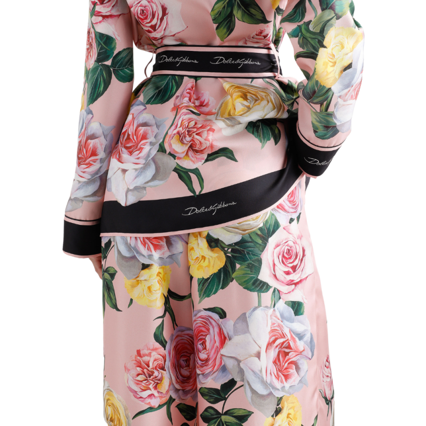 Chemise de pyjama DOLCE & GABBANA soie twill rose imprimé floral ceinture bord noir