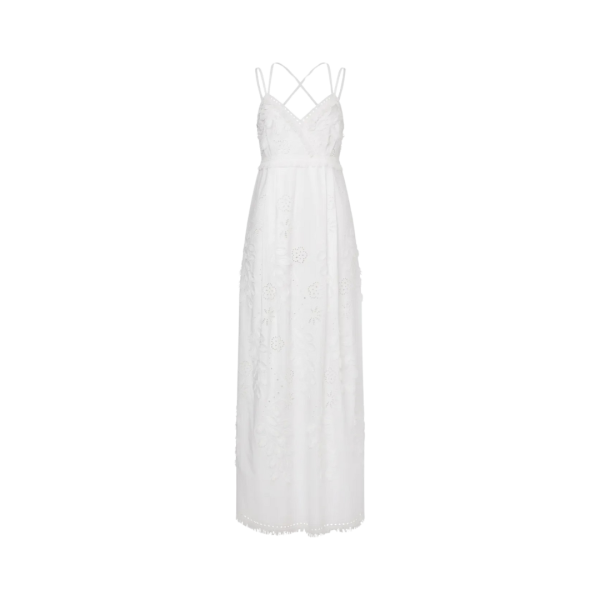 ALBERTA FERRETTI Robe longue col V bretelle fine coton blanc dentelle fleurie