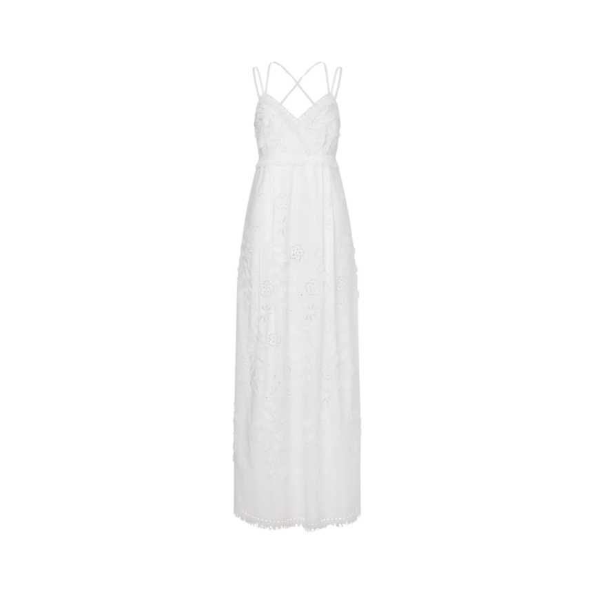 ALBERTA FERRETTI Robe longue col V bretelle fine coton blanc dentelle fleurie