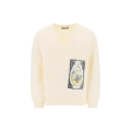 Pull col V maille écru broderie patch DIOR