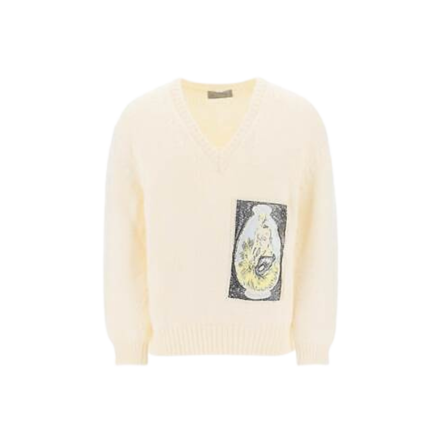 Pull col V maille écru broderie patch DIOR