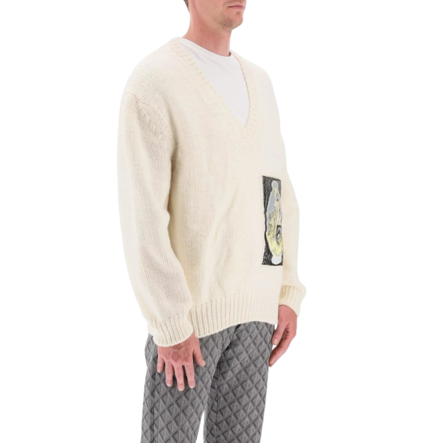 Pull col V maille écru broderie patch DIOR