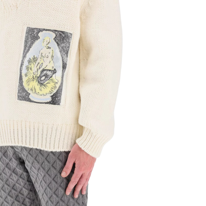 Pull col V maille écru broderie patch DIOR
