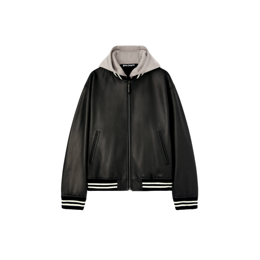 Blouson Bomber PALM ANGELS cuir noir capuche coton gris logo dos blanc
