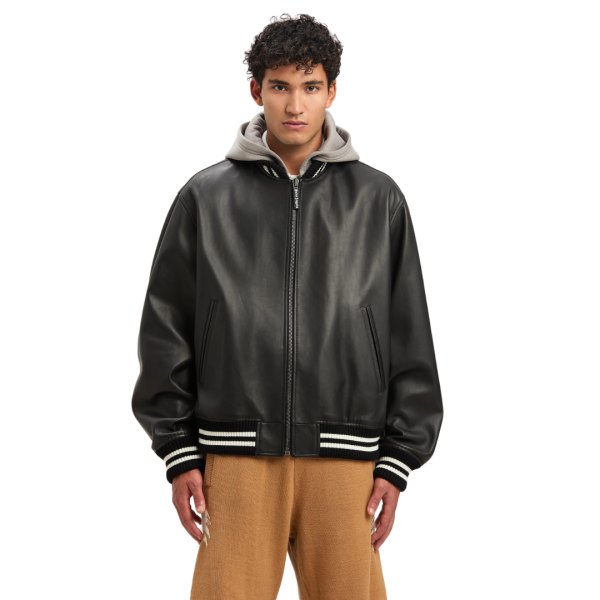 Blouson Bomber PALM ANGELS cuir noir capuche coton gris logo dos blanc