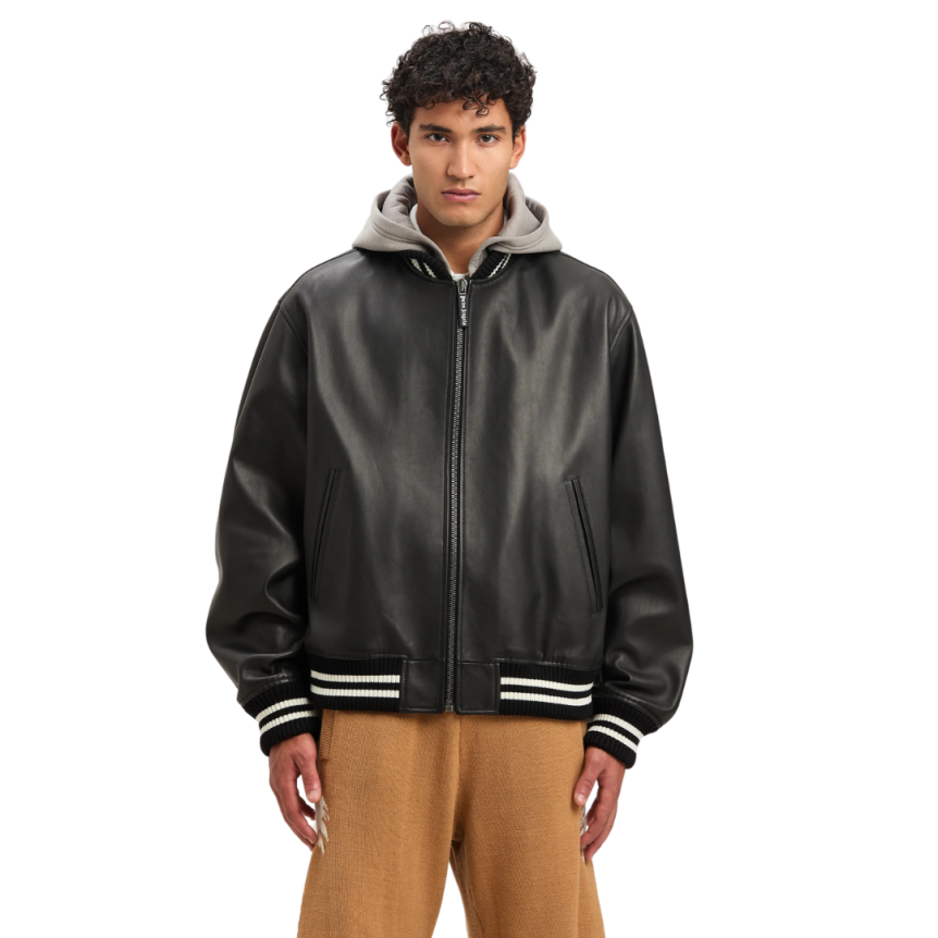 Blouson Bomber PALM ANGELS cuir noir capuche coton gris logo dos blanc