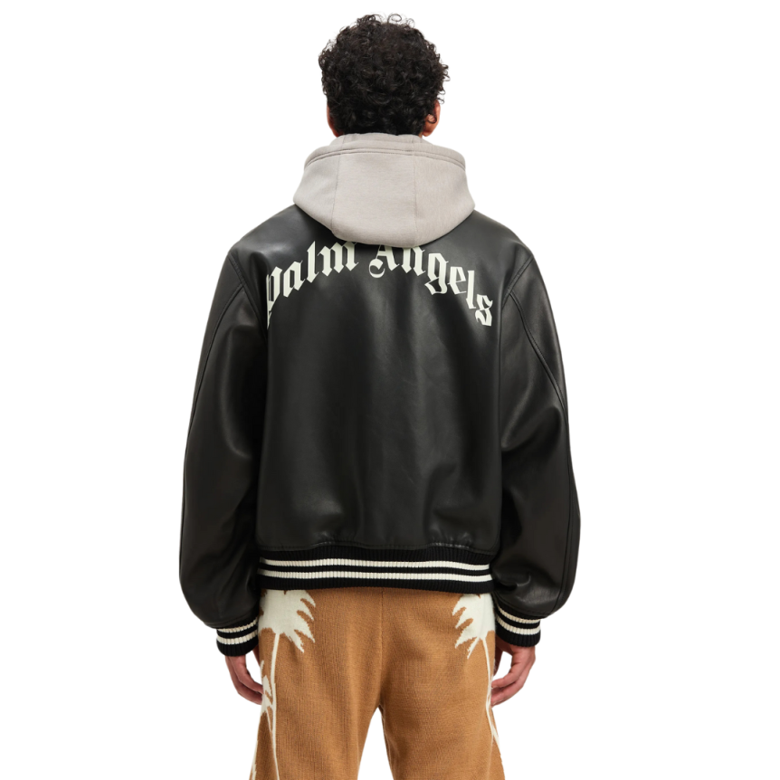 Blouson Bomber PALM ANGELS cuir noir capuche coton gris logo dos blanc