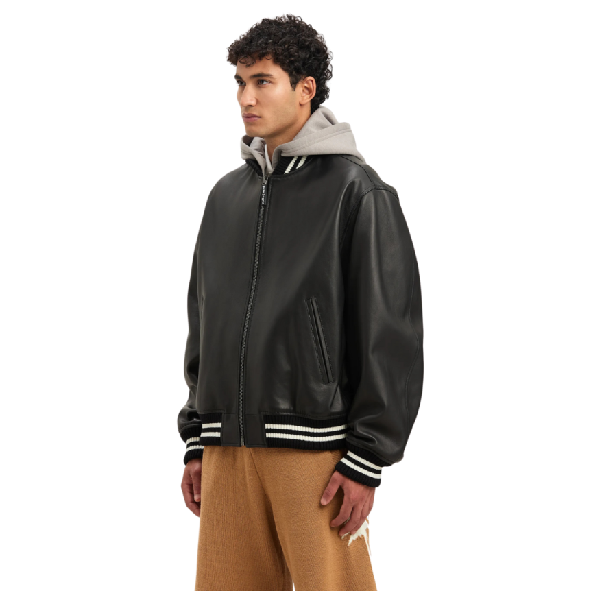 Blouson Bomber PALM ANGELS cuir noir capuche coton gris logo dos blanc