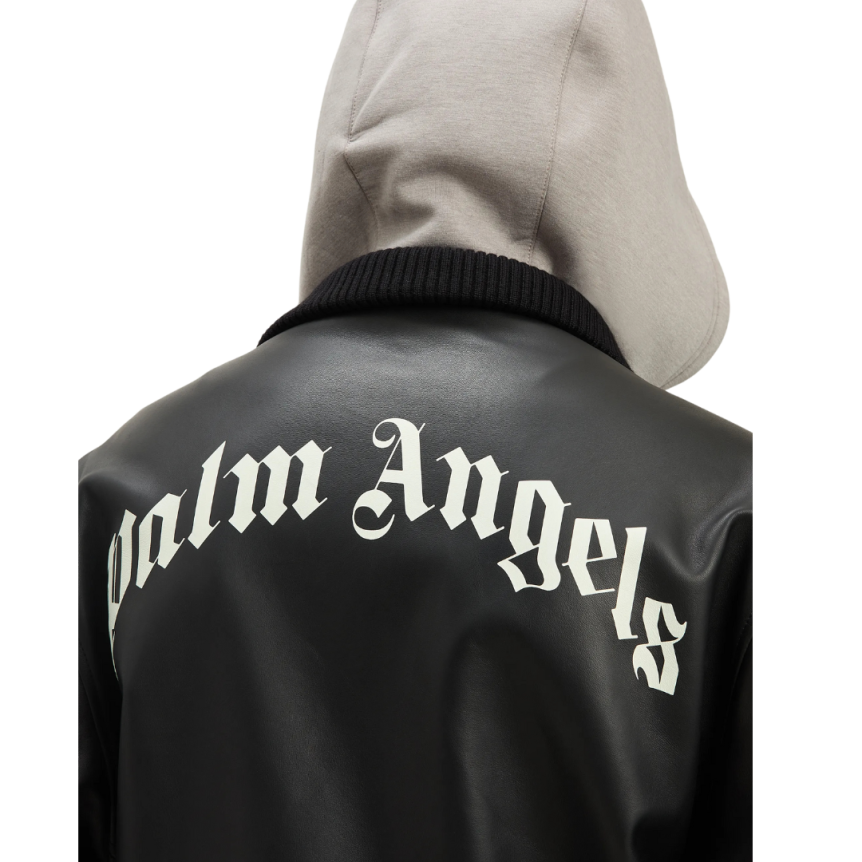Blouson Bomber PALM ANGELS cuir noir capuche coton gris logo dos blanc