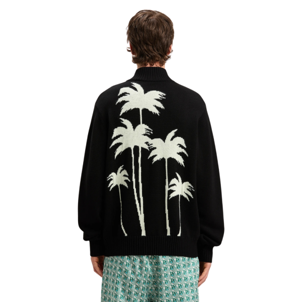 Cardigan zippé PALM ANGELS laine mérinos coton noir palmier dos blanc