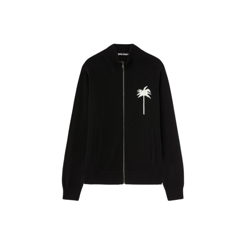 Cardigan zippé PALM ANGELS laine mérinos coton noir palmier dos blanc