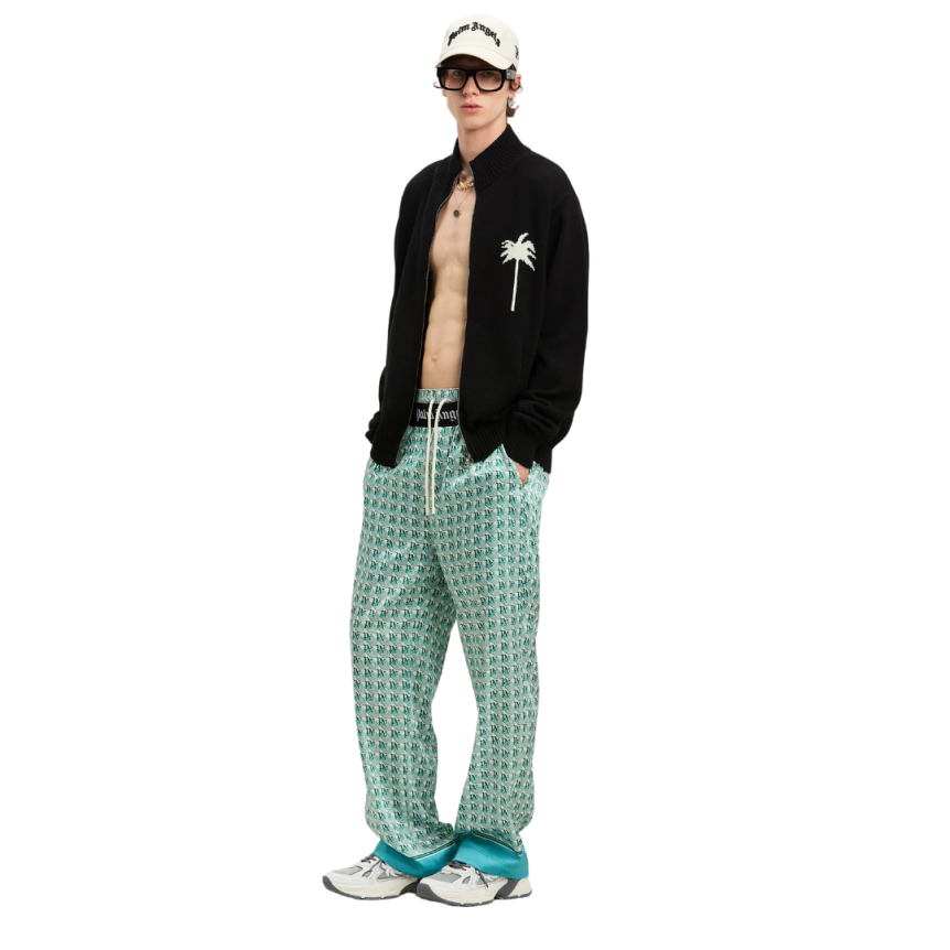 Cardigan zippé PALM ANGELS laine mérinos coton noir palmier dos blanc