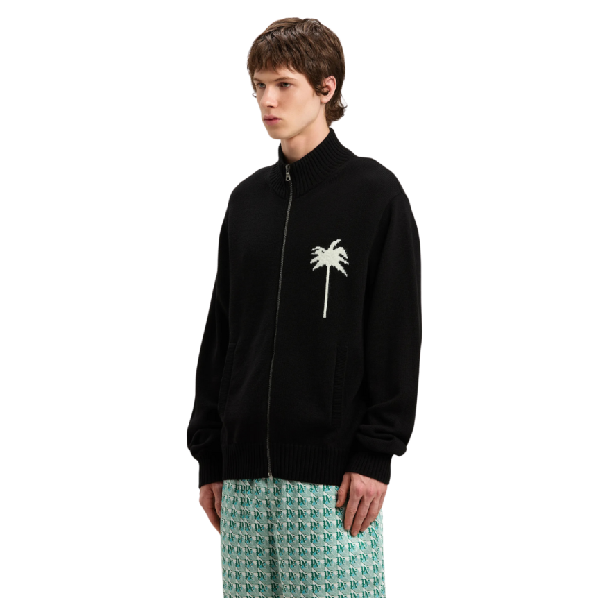 Cardigan zippé PALM ANGELS laine mérinos coton noir palmier dos blanc