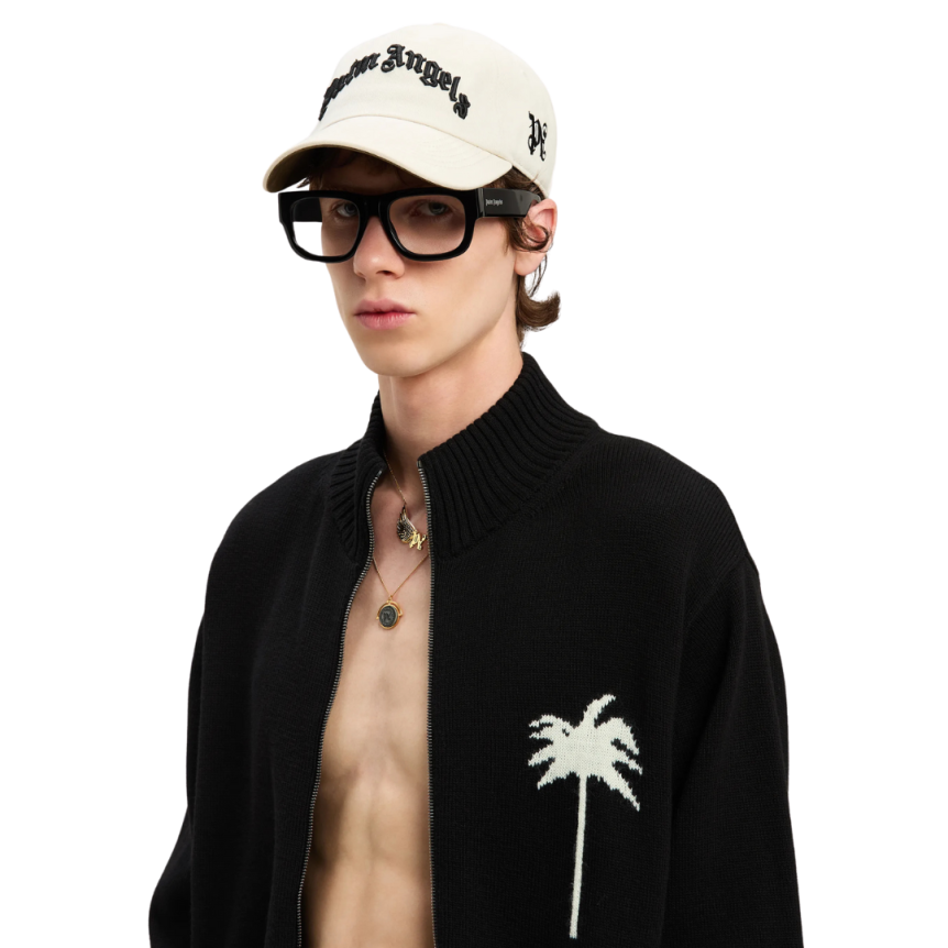 Cardigan zippé PALM ANGELS laine mérinos coton noir palmier dos blanc