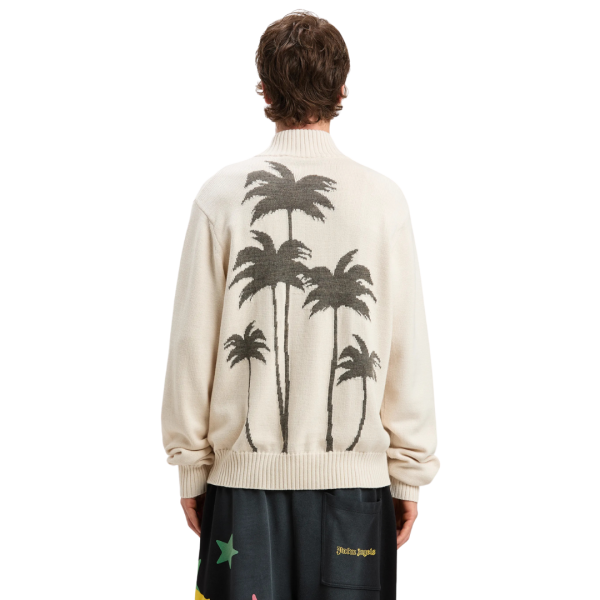 Cardigan zippé PALM ANGELS laine mérinos coton beige palmier dos gris chiné