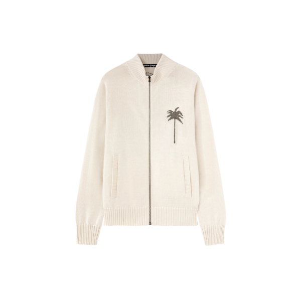 Cardigan zippé PALM ANGELS laine mérinos coton beige palmier dos gris chiné
