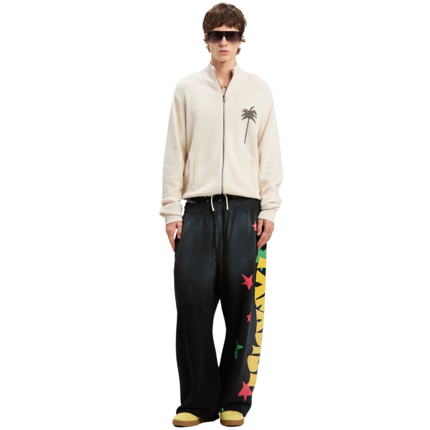 Cardigan zippé PALM ANGELS laine mérinos coton beige palmier dos gris chiné