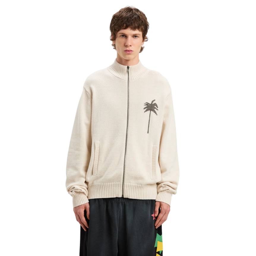 Cardigan zippé PALM ANGELS laine mérinos coton beige palmier dos gris chiné