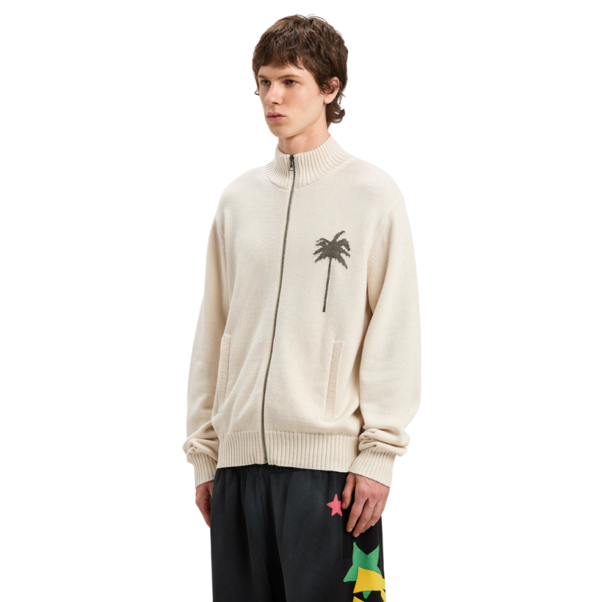 Cardigan zippé PALM ANGELS laine mérinos coton beige palmier dos gris chiné