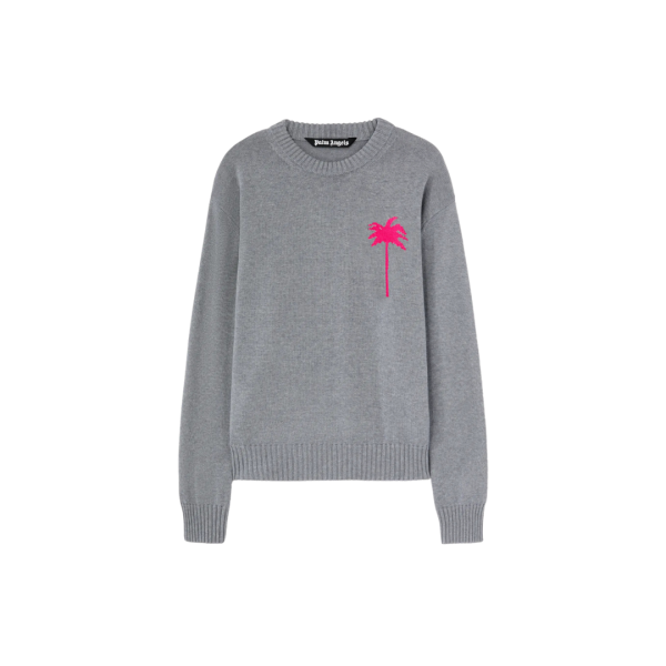 Pull col rond PALM ANGELS laine mérinos coton gris gros palmiers rose fluo dos