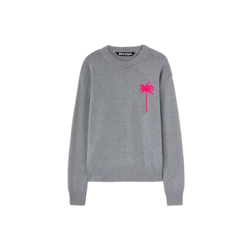Pull col rond PALM ANGELS laine mérinos coton gris gros palmiers rose fluo dos