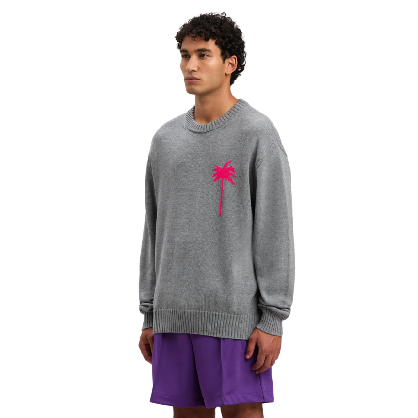 Pull col rond PALM ANGELS laine mérinos coton gris gros palmiers rose fluo dos