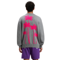 Pull col rond laine mérinos coton gris gros palmiers rose fluo dos