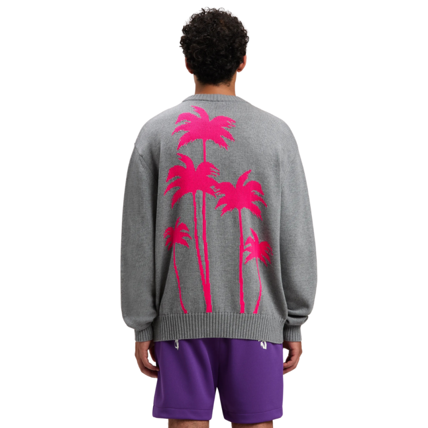 Pull col rond PALM ANGELS laine mérinos coton gris gros palmiers rose fluo dos