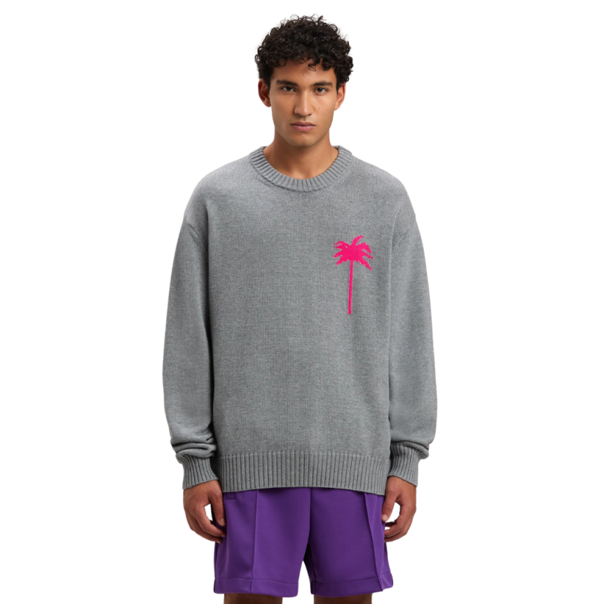 Pull col rond PALM ANGELS laine mérinos coton gris gros palmiers rose fluo dos