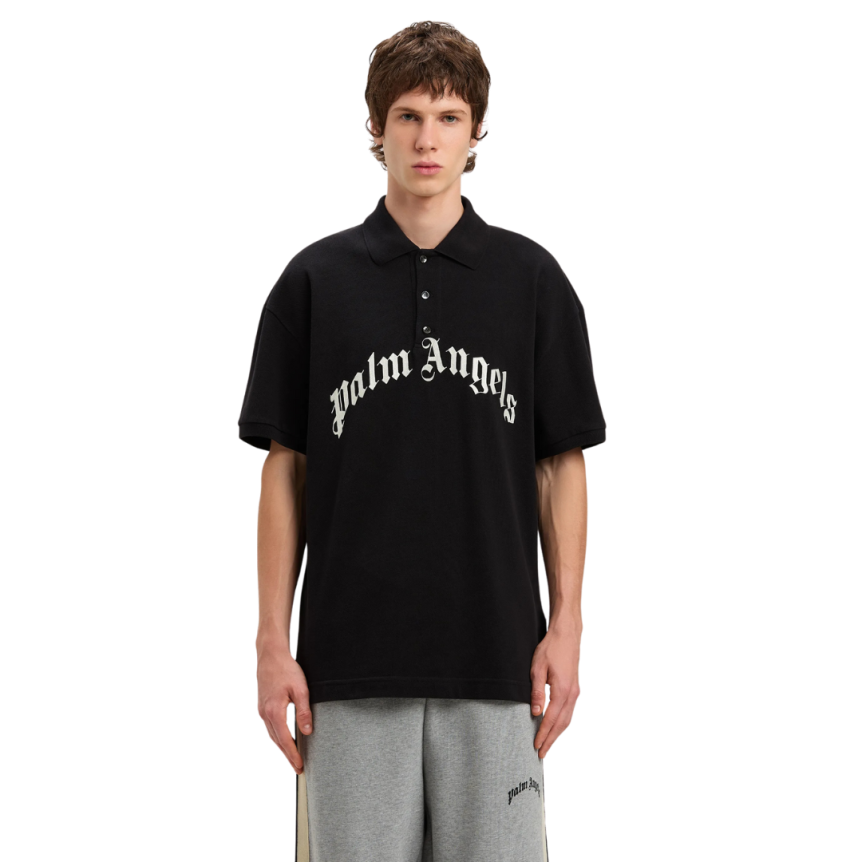 Polo manche courte PALM ANGELS coton noir gros logo poitrine blanc