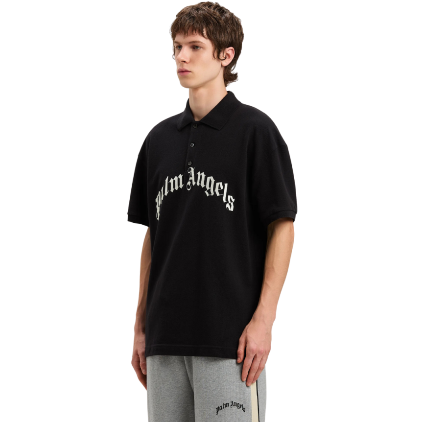 Polo manche courte PALM ANGELS coton noir gros logo poitrine blanc