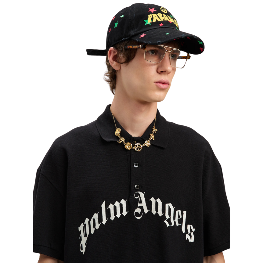 Polo manche courte PALM ANGELS coton noir gros logo poitrine blanc
