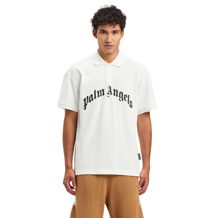 Polo manche courte PALM ANGELS coton blanc gros logo poitrine noir