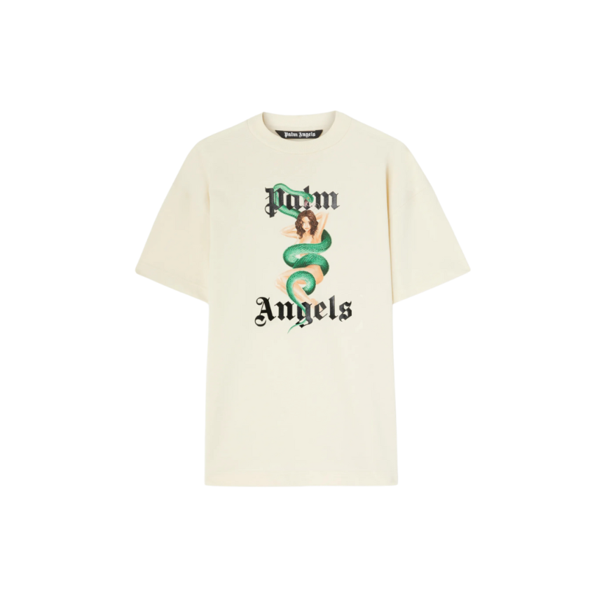 T-shirt PALM ANGELS col rond coton écru imprimé logo noir pin up vintage serpent