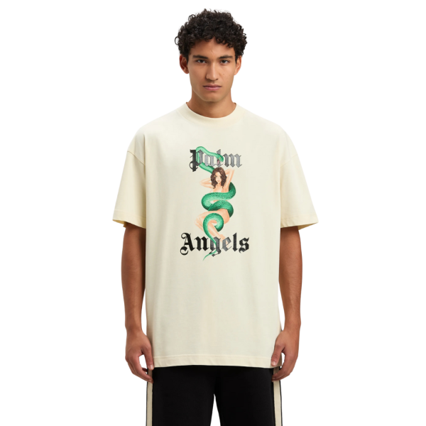 T-shirt PALM ANGELS col rond coton écru imprimé logo noir pin up vintage serpent