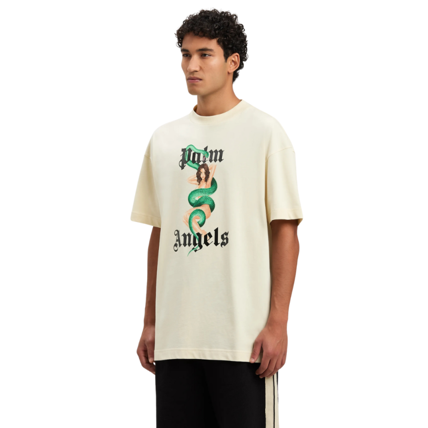 T-shirt PALM ANGELS col rond coton écru imprimé logo noir pin up vintage serpent