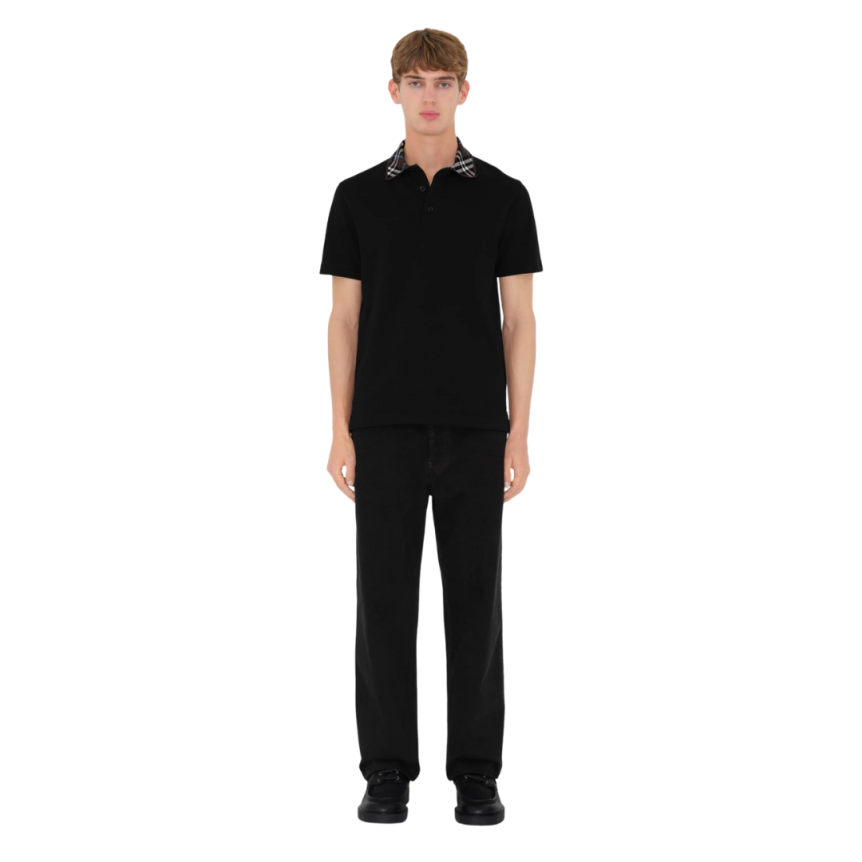 Polo BURBERRY piqué de coton noir col check marron bleu