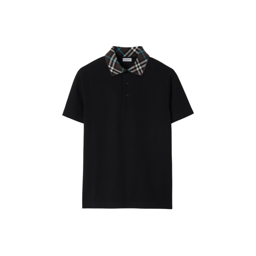Polo BURBERRY piqué de coton noir col check marron bleu