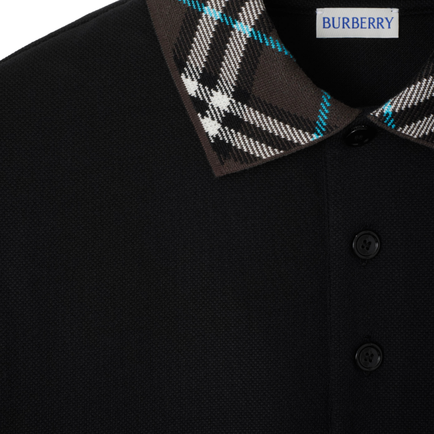 Polo BURBERRY piqué de coton noir col check marron bleu