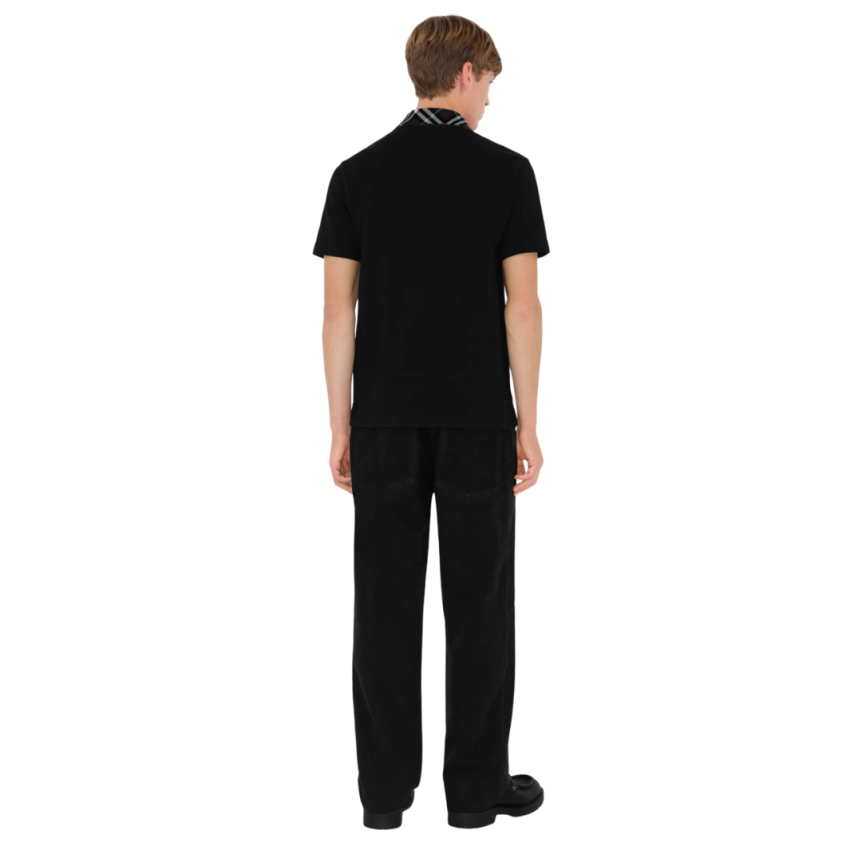 Polo BURBERRY piqué de coton noir col check marron bleu